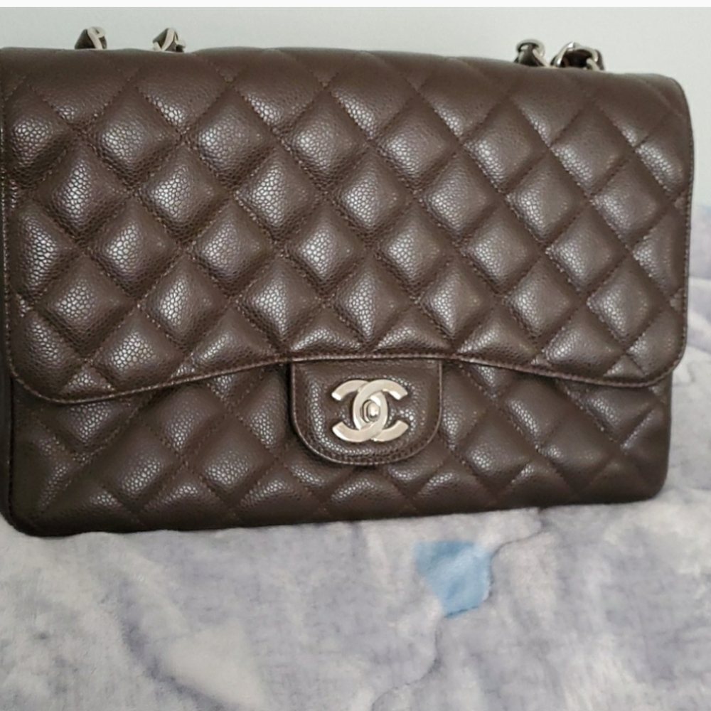 Chanel Dk Brown Jumbo Caviar Classic Bag